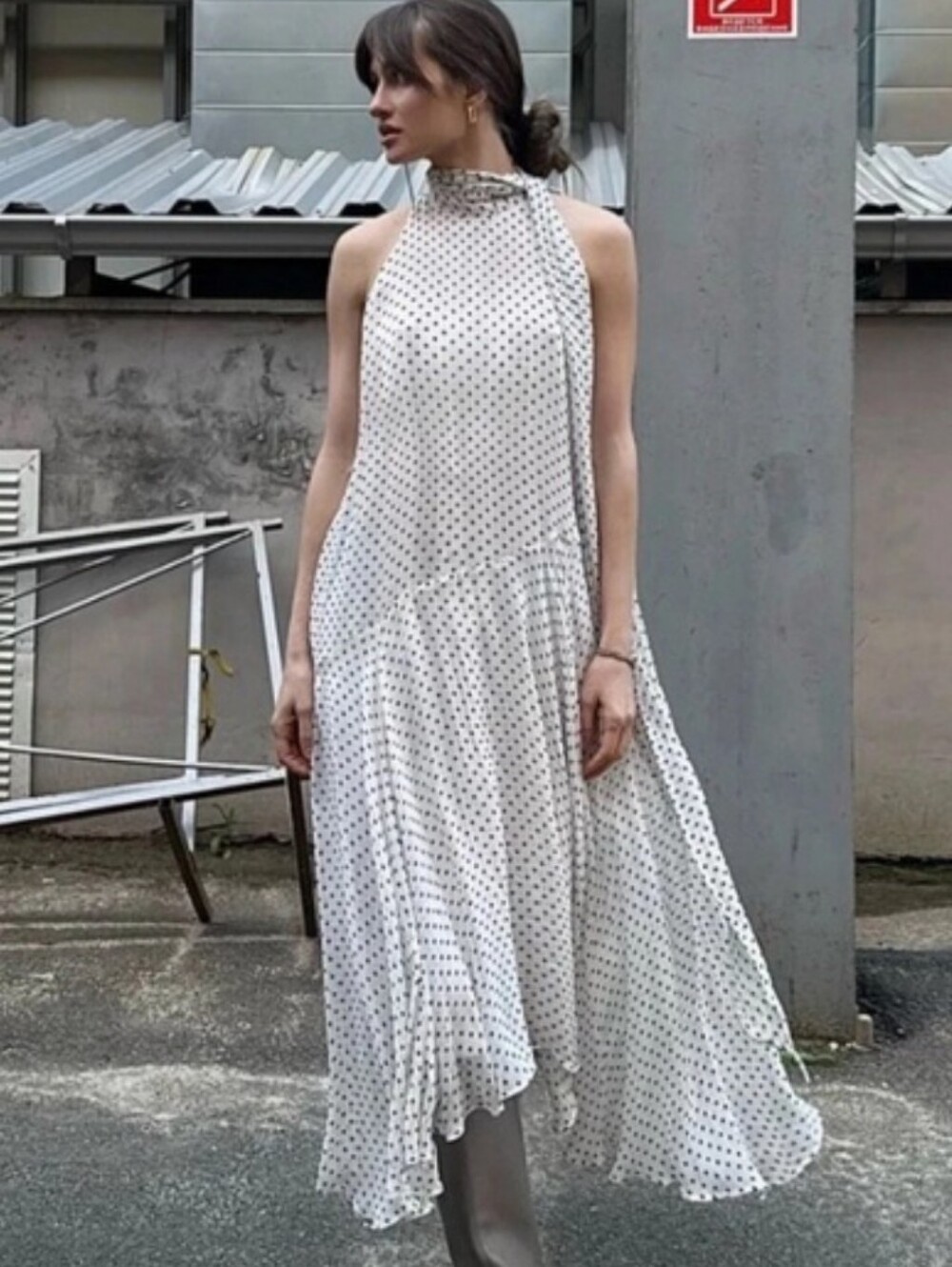 ZARA POLKA DOT HALTER LONG DRESS Size XS